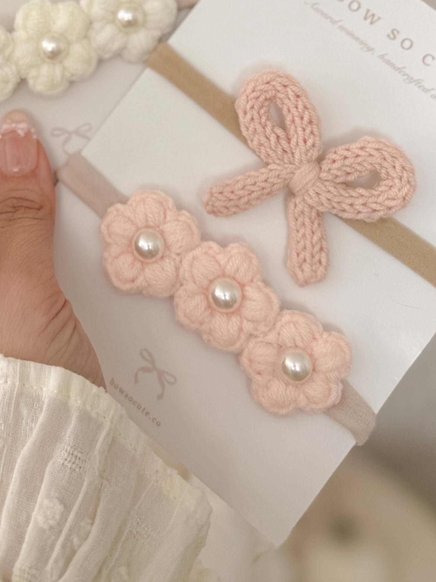 Dainty Headband | Soft Peach Pearly Flowers