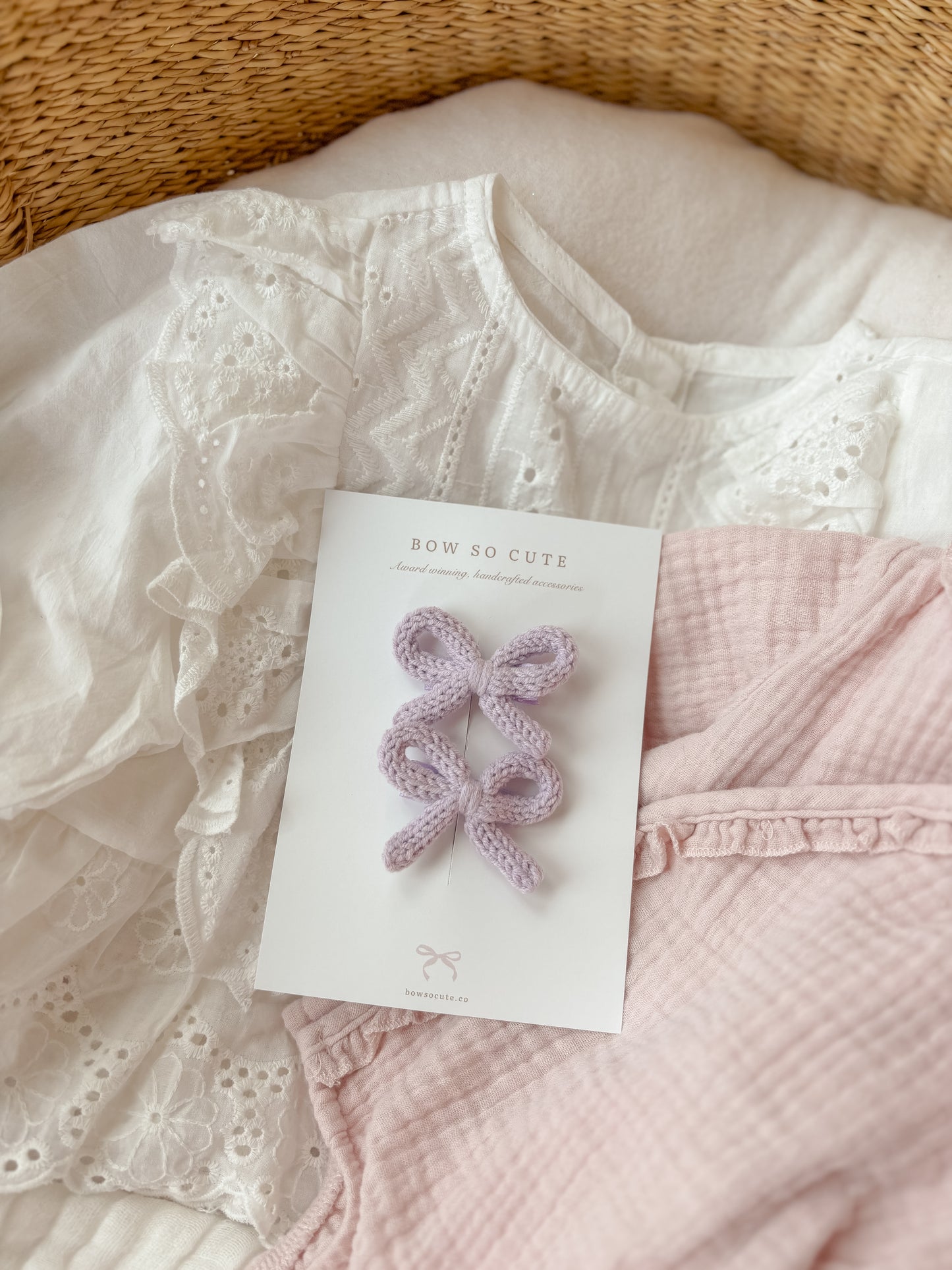 Dainty Knit Pigtail Bows | Soft Lilac