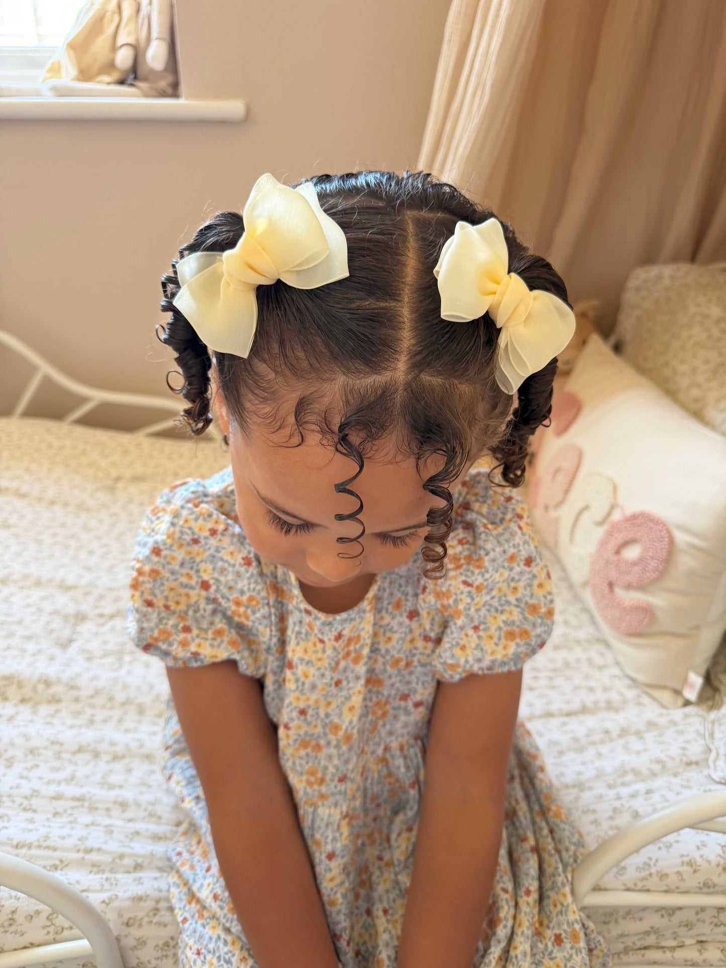 Marshmallow Chiffon Pigtail Bows | Butter Yellow