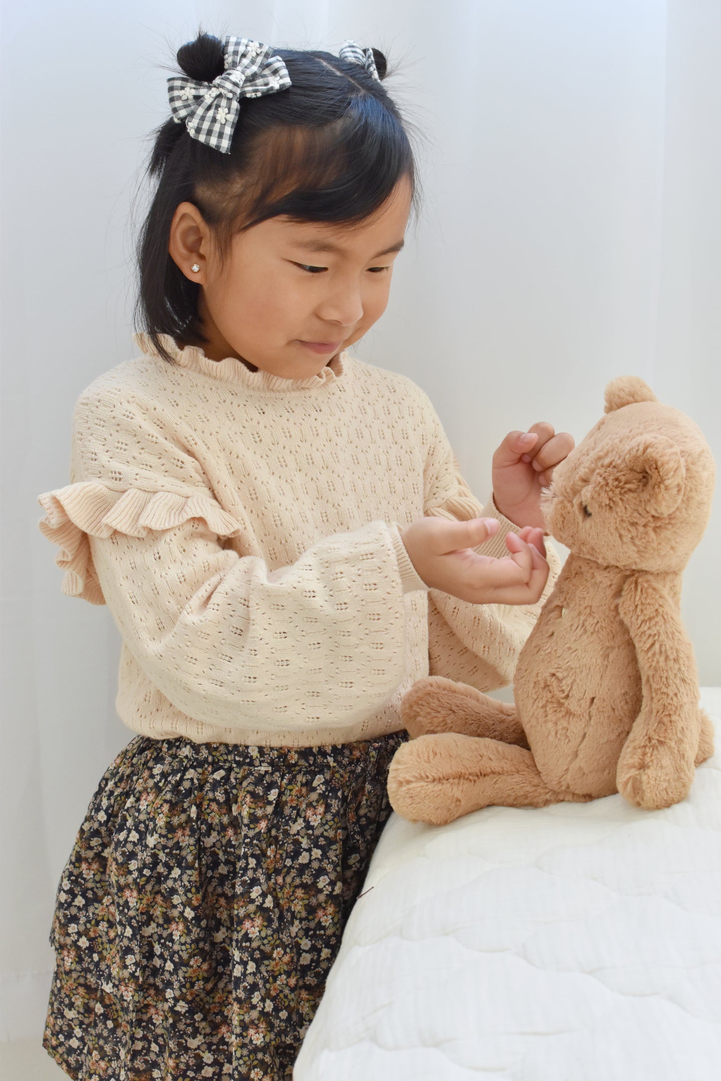 Classic Pigtail Bows | Monochrome Gingham Floral