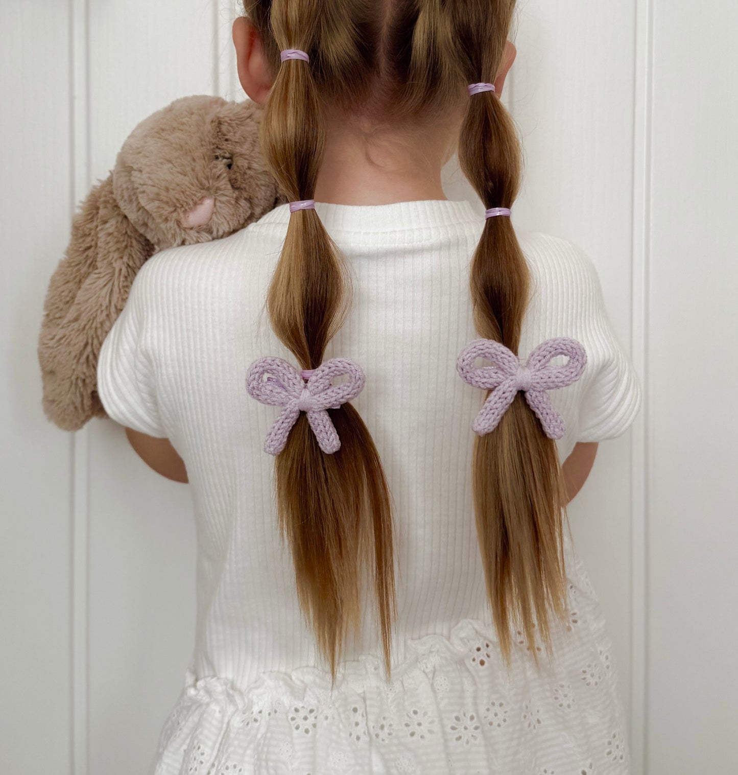 Dainty Knit Pigtail Bows | Soft Lilac