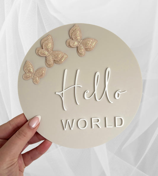 Announcement Plaque | ‘Hello World’ - Champagne Glitter Butterflies