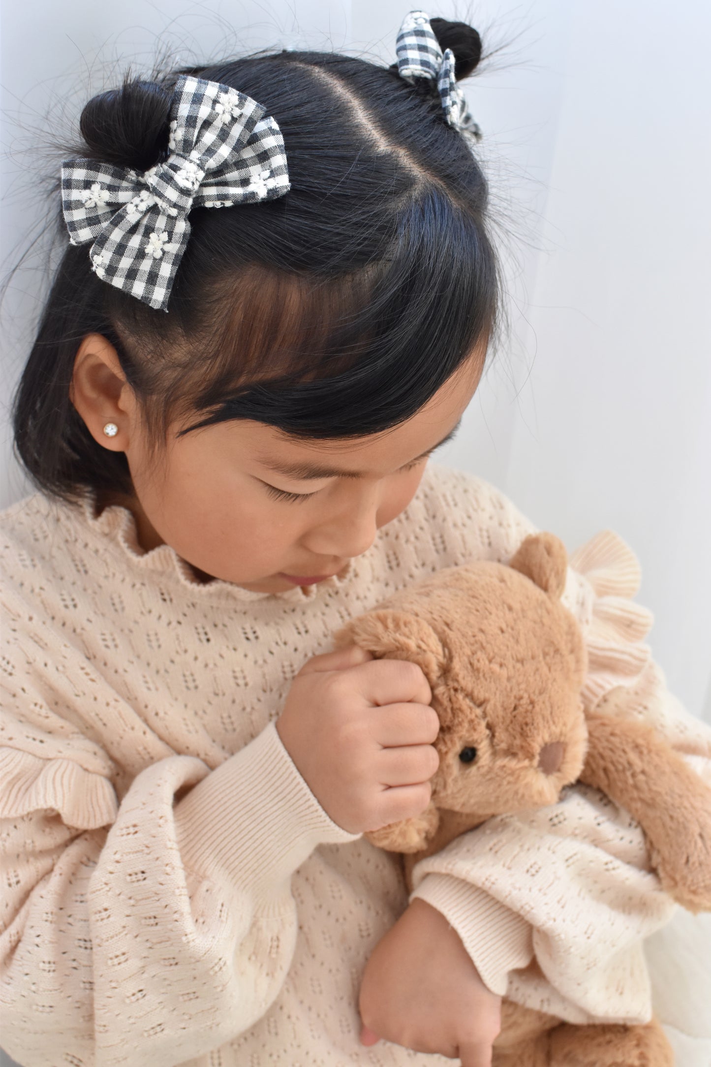 Classic Pigtail Bows | Monochrome Gingham Floral