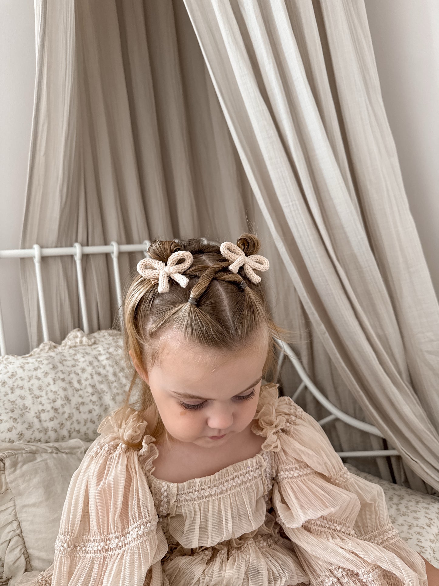 Dainty Knit Pigtail Bows | Almond Cream