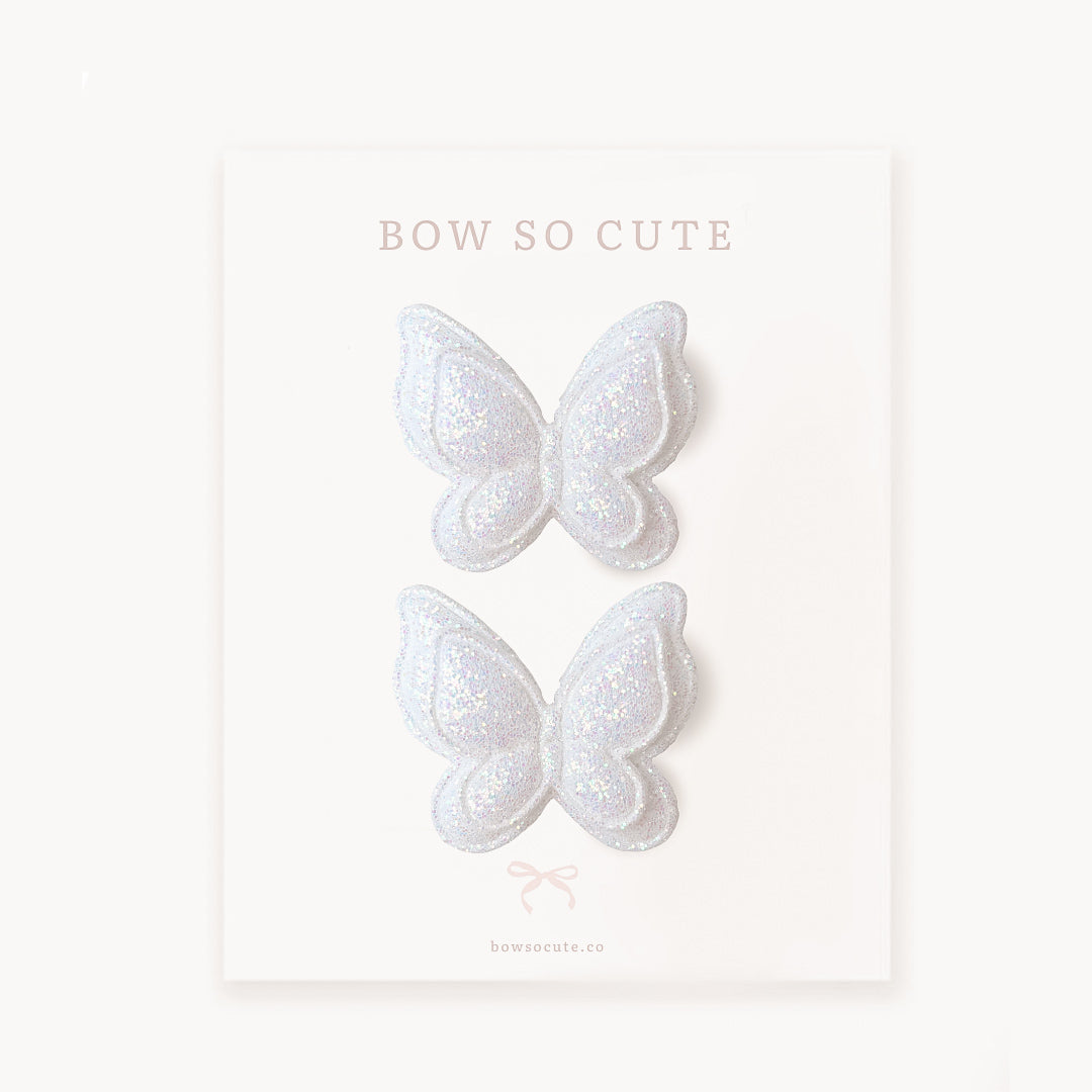 Pigtail Clips | White Glitter Butterflies