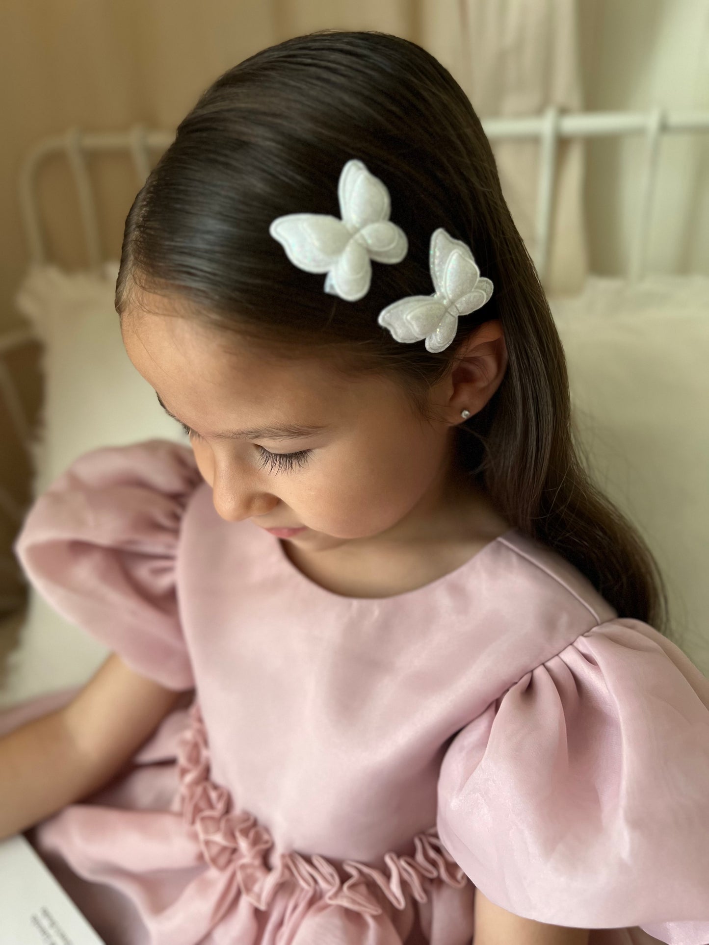 Pigtail Clips | White Glitter Butterflies