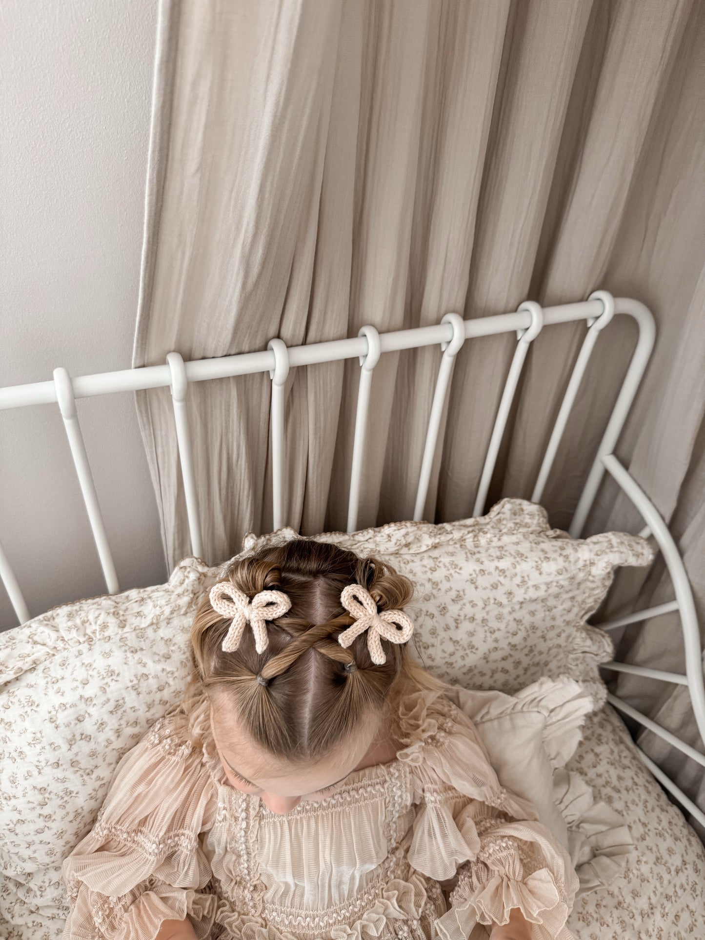 Dainty Knit Pigtail Bows | Almond Cream