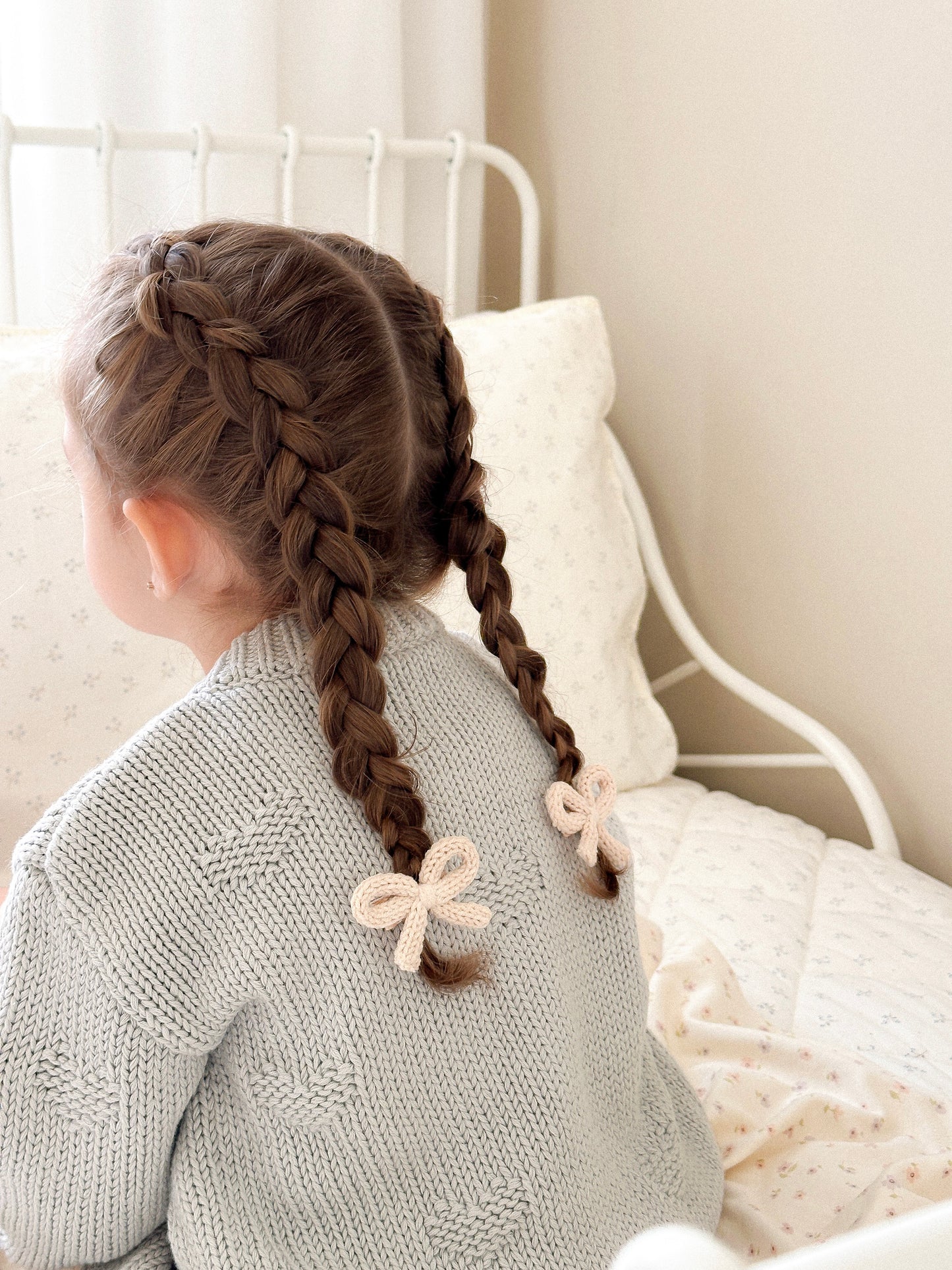 Dainty Knit Pigtail Bows | Almond Cream