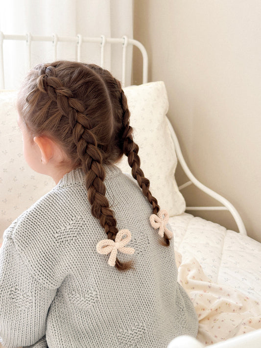 Dainty Knit Pigtail Bows | Almond Cream