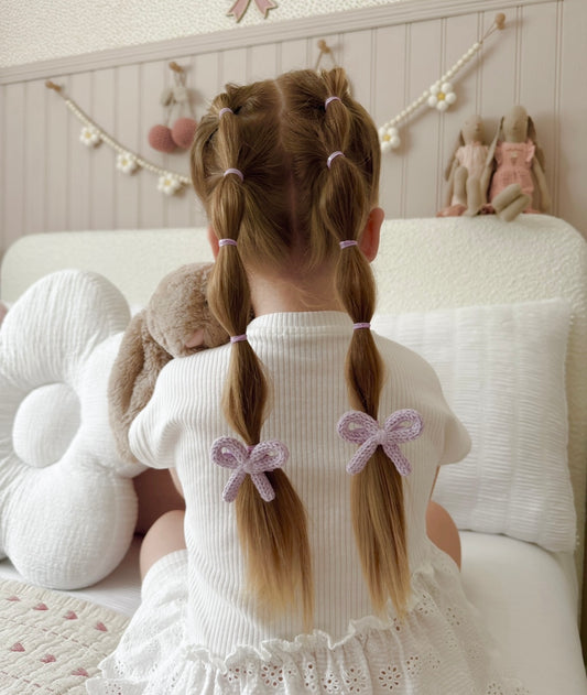 Dainty Knit Pigtail Bows | Soft Lilac