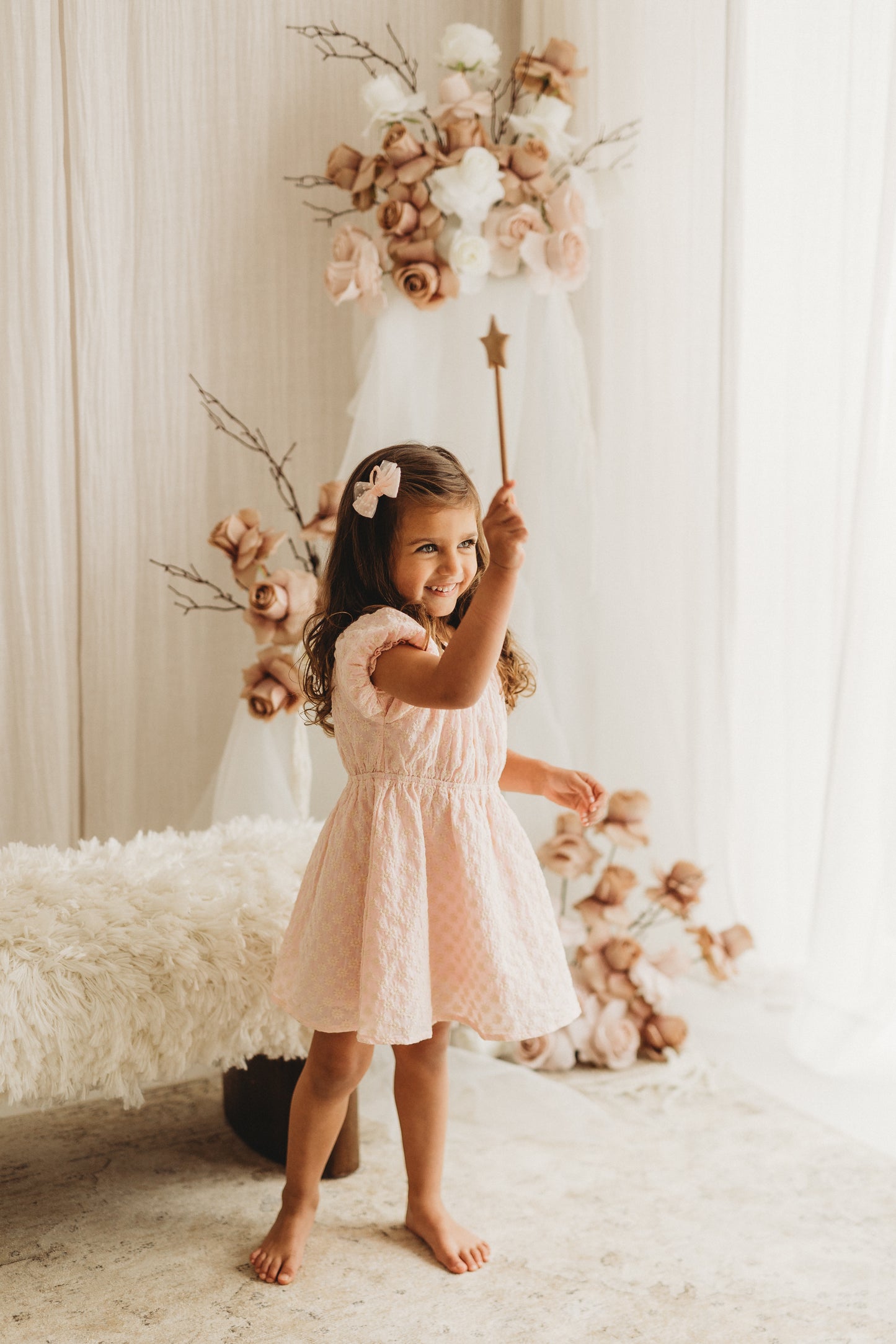 Puff Sleeve Dress | Sweet Pink Daisy Embroidery