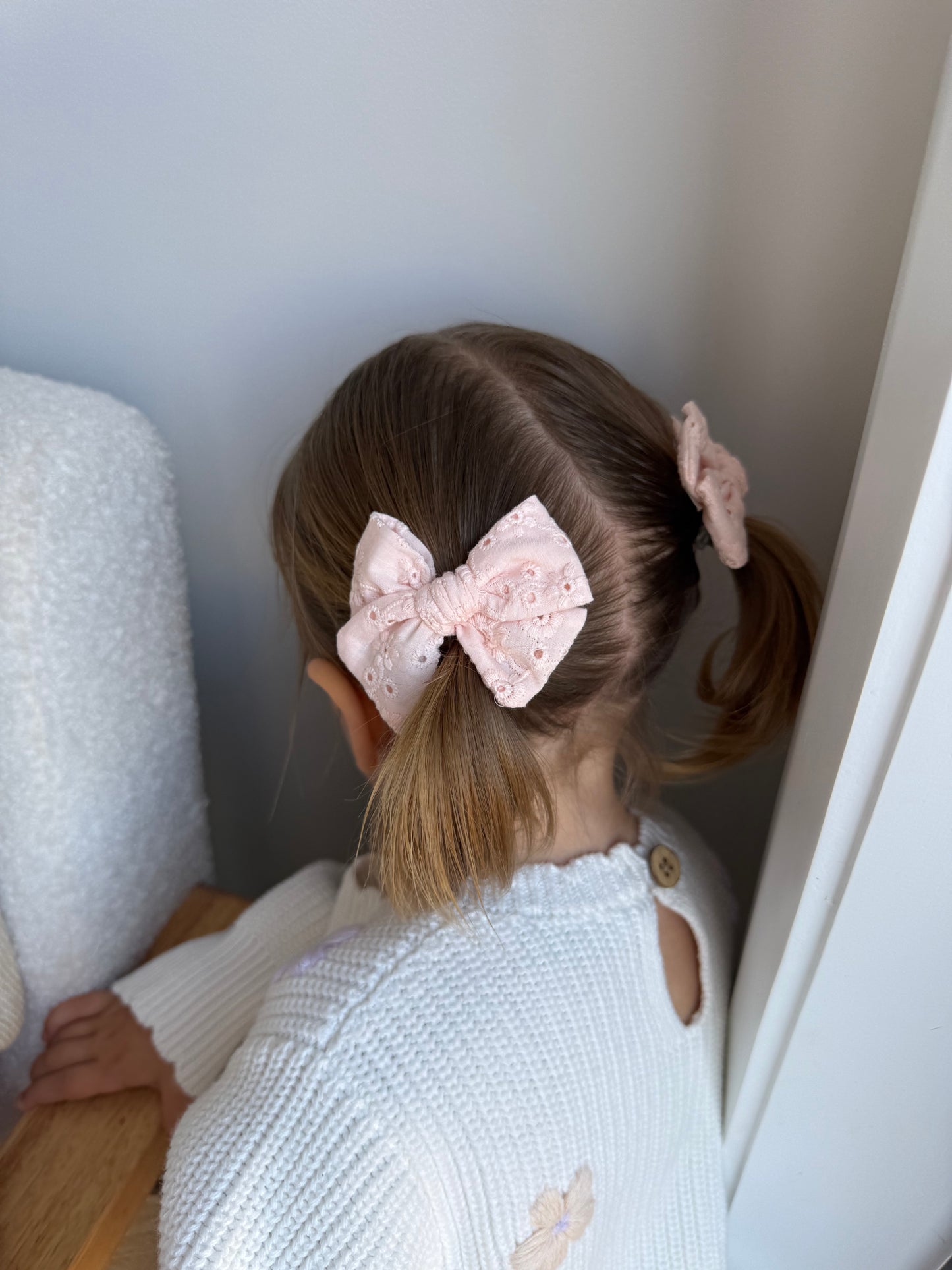 Petite Pinwheel Pigtail Bows | Blushing Peach Broderie