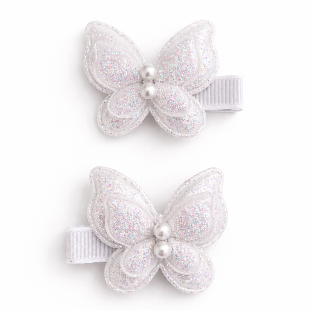Pigtail Clips | White Glitter Butterflies