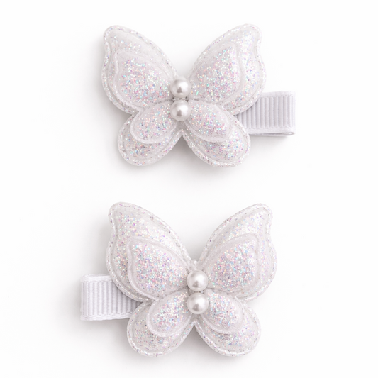 Pigtail Clips | White Glitter Butterflies