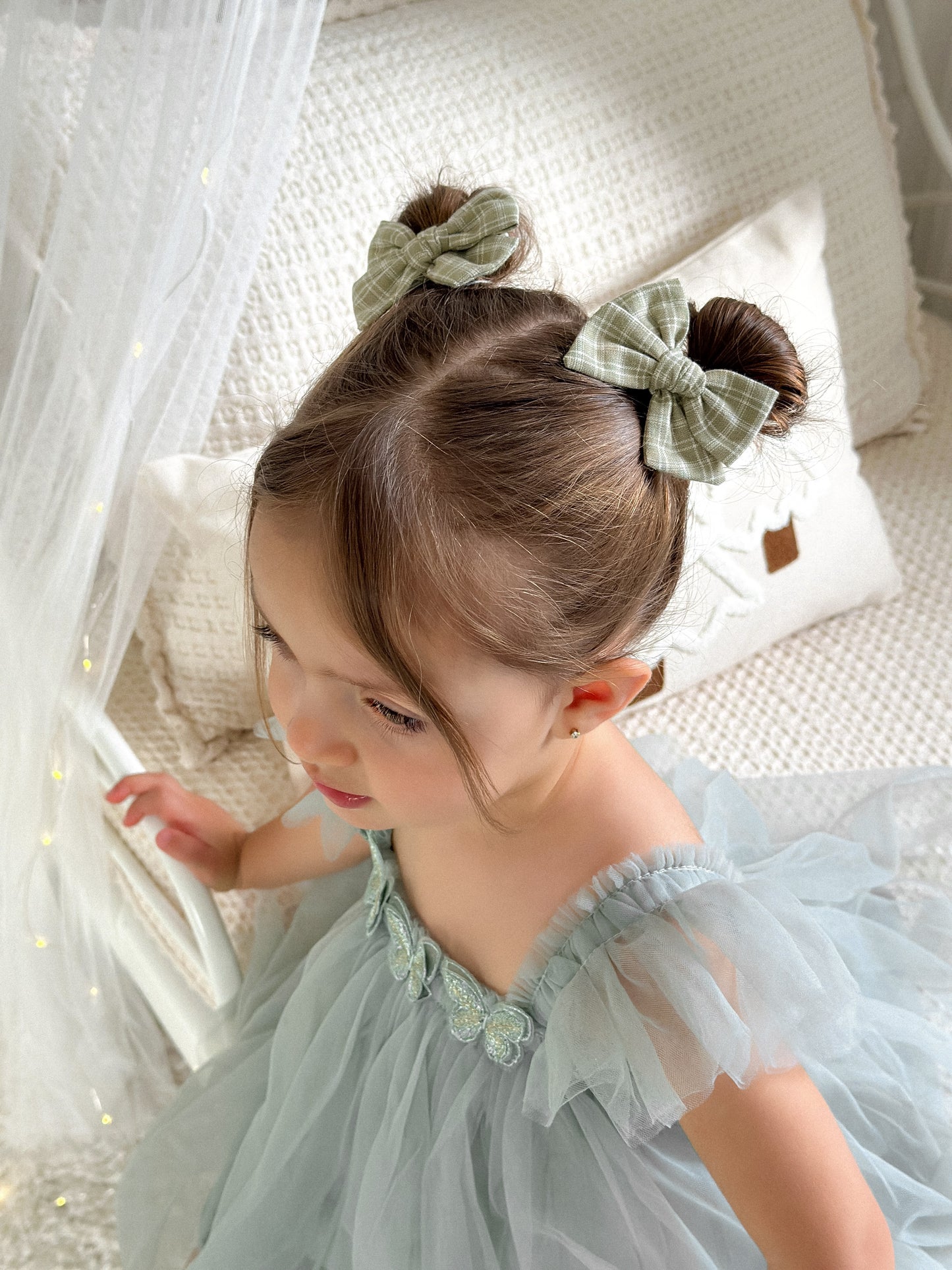 Petite Pinwheel Pigtail Bows | Sage Plaid