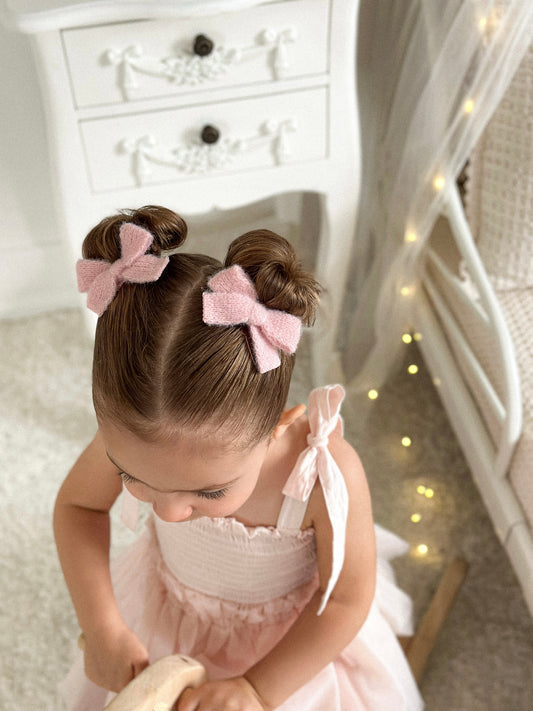 Pigtail Bows | Blush Fluffy Knit