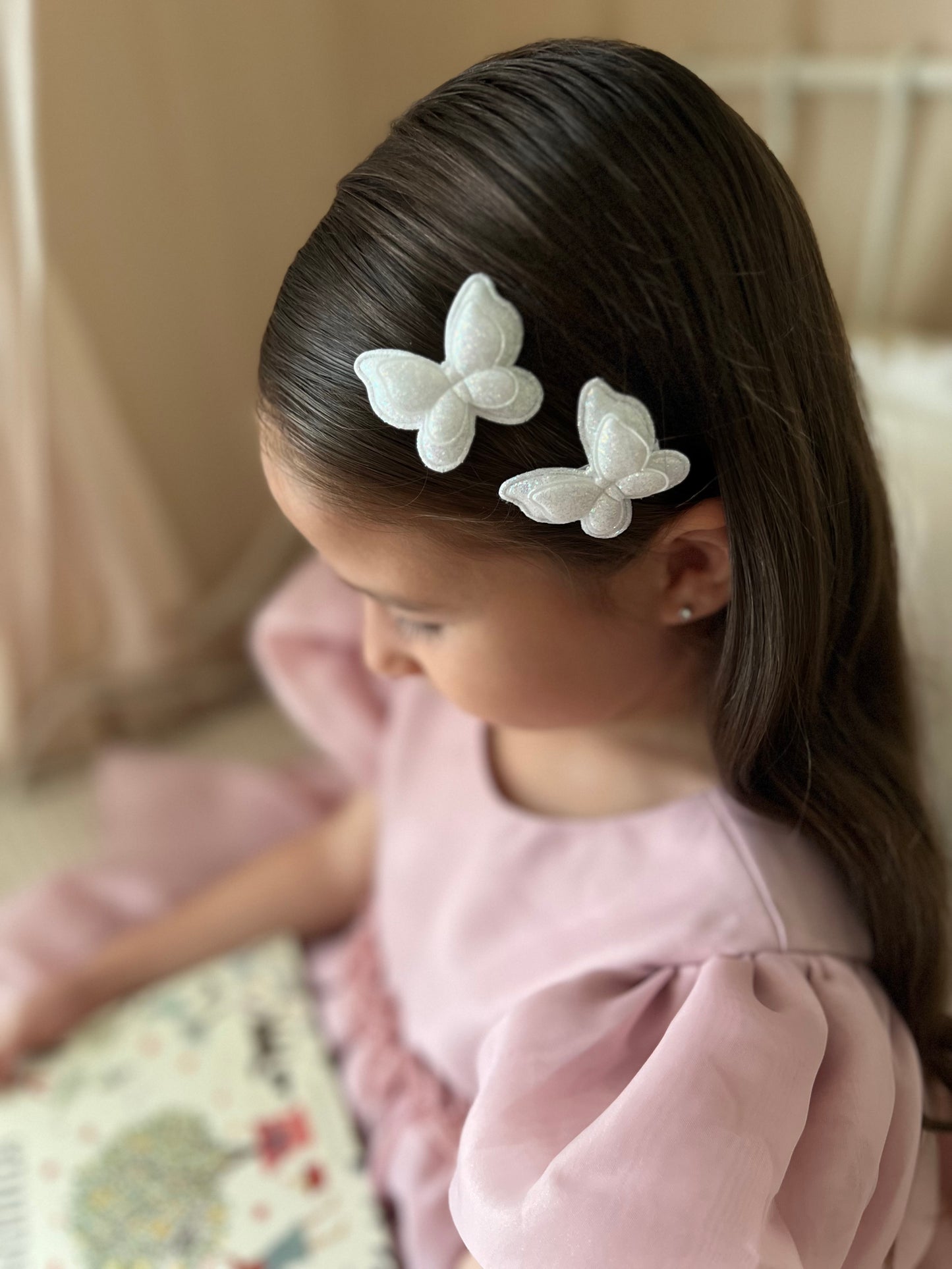 Pigtail Clips | White Glitter Butterflies