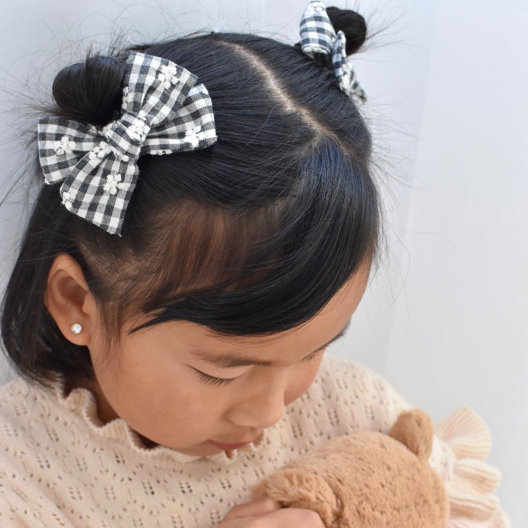 Classic Pigtail Bows | Monochrome Gingham Floral