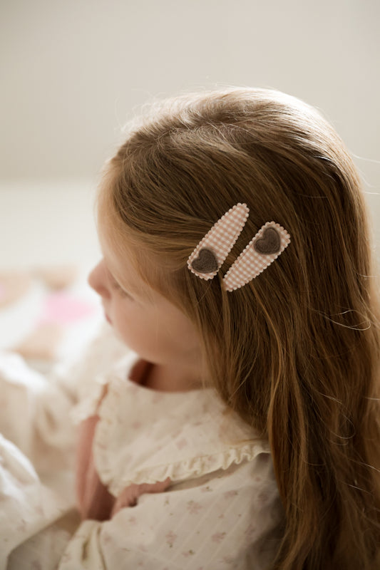 Snap Clip Set | Tan Gingham Hearts