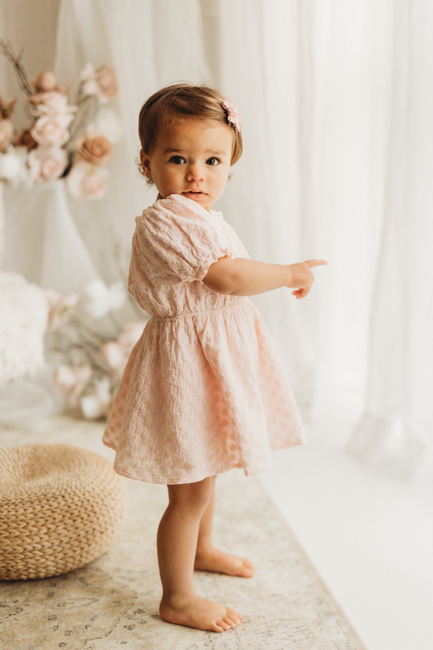 Puff Sleeve Dress | Sweet Pink Daisy Embroidery