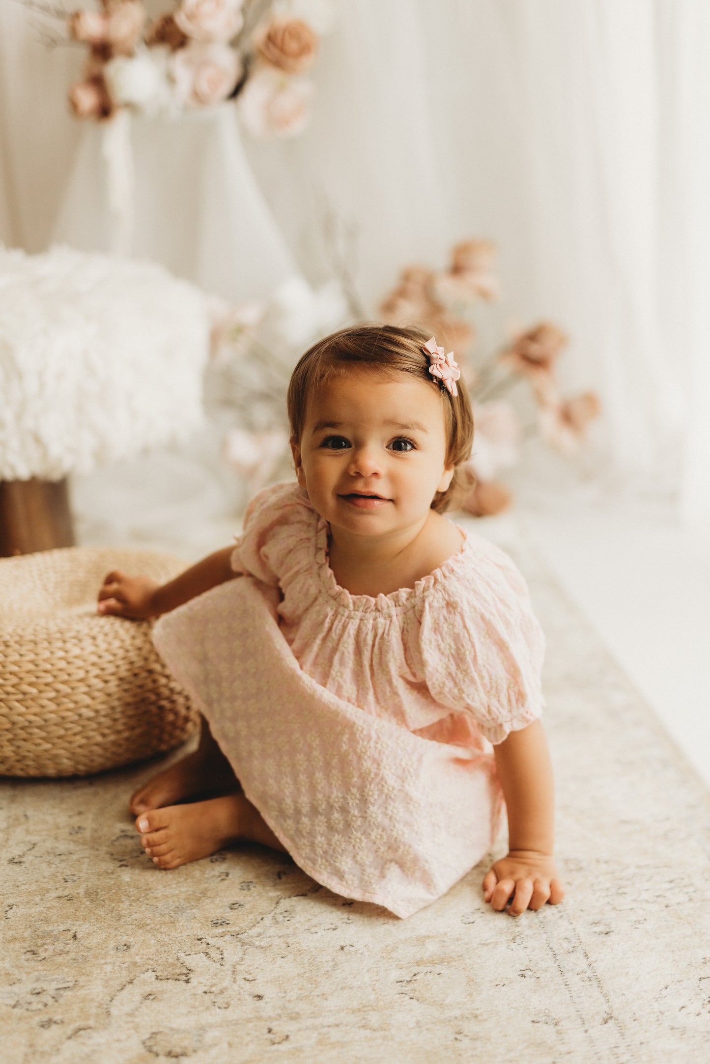 Puff Sleeve Dress | Sweet Pink Daisy Embroidery