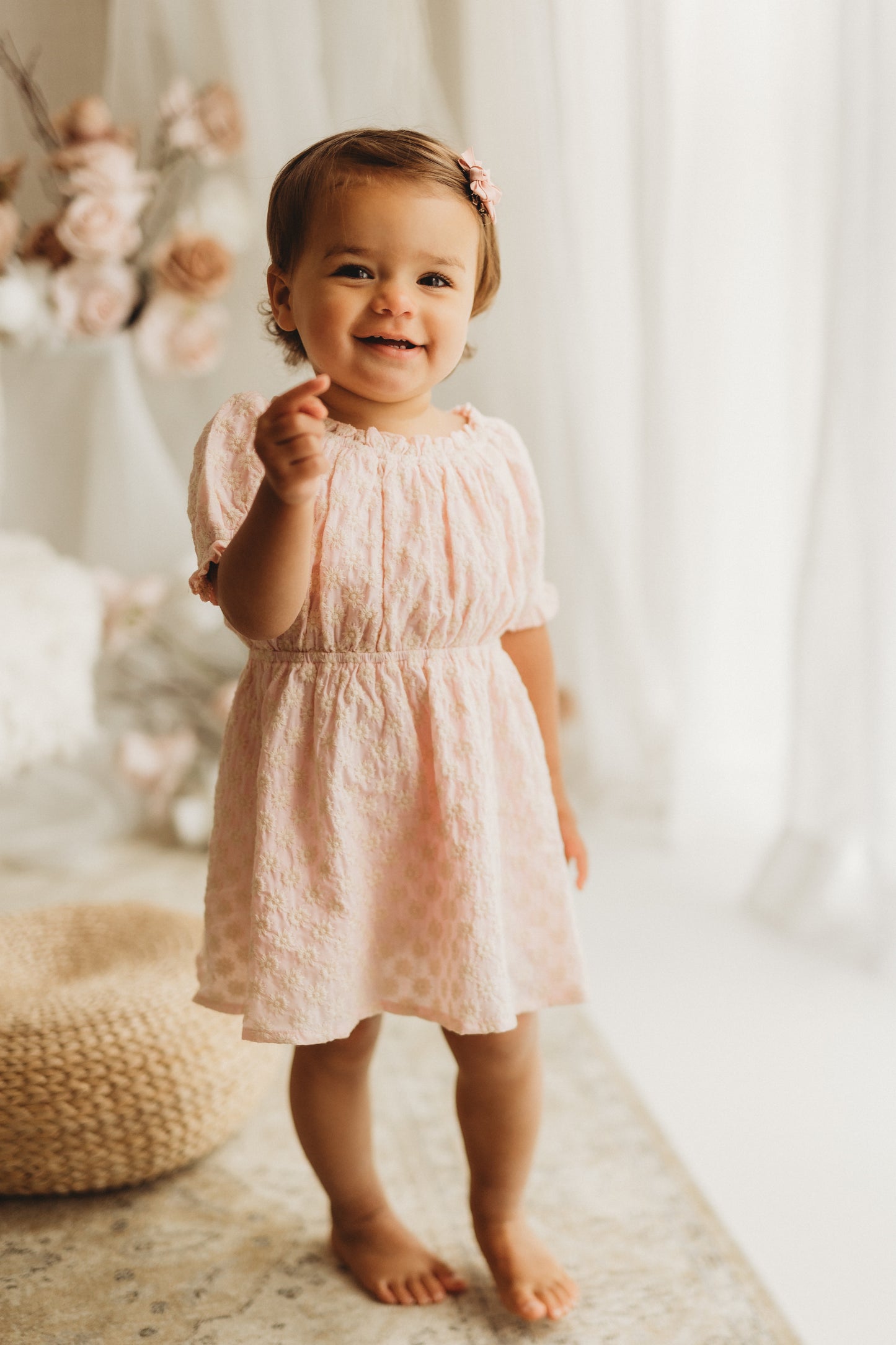 Puff Sleeve Dress | Sweet Pink Daisy Embroidery