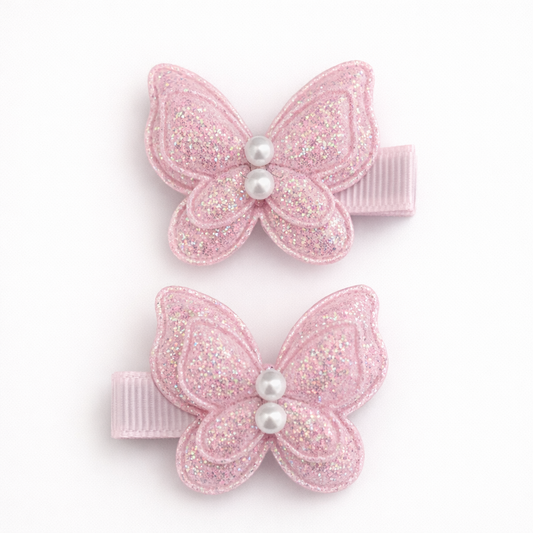 Pigtail Clips | Pink Glitter Butterflies