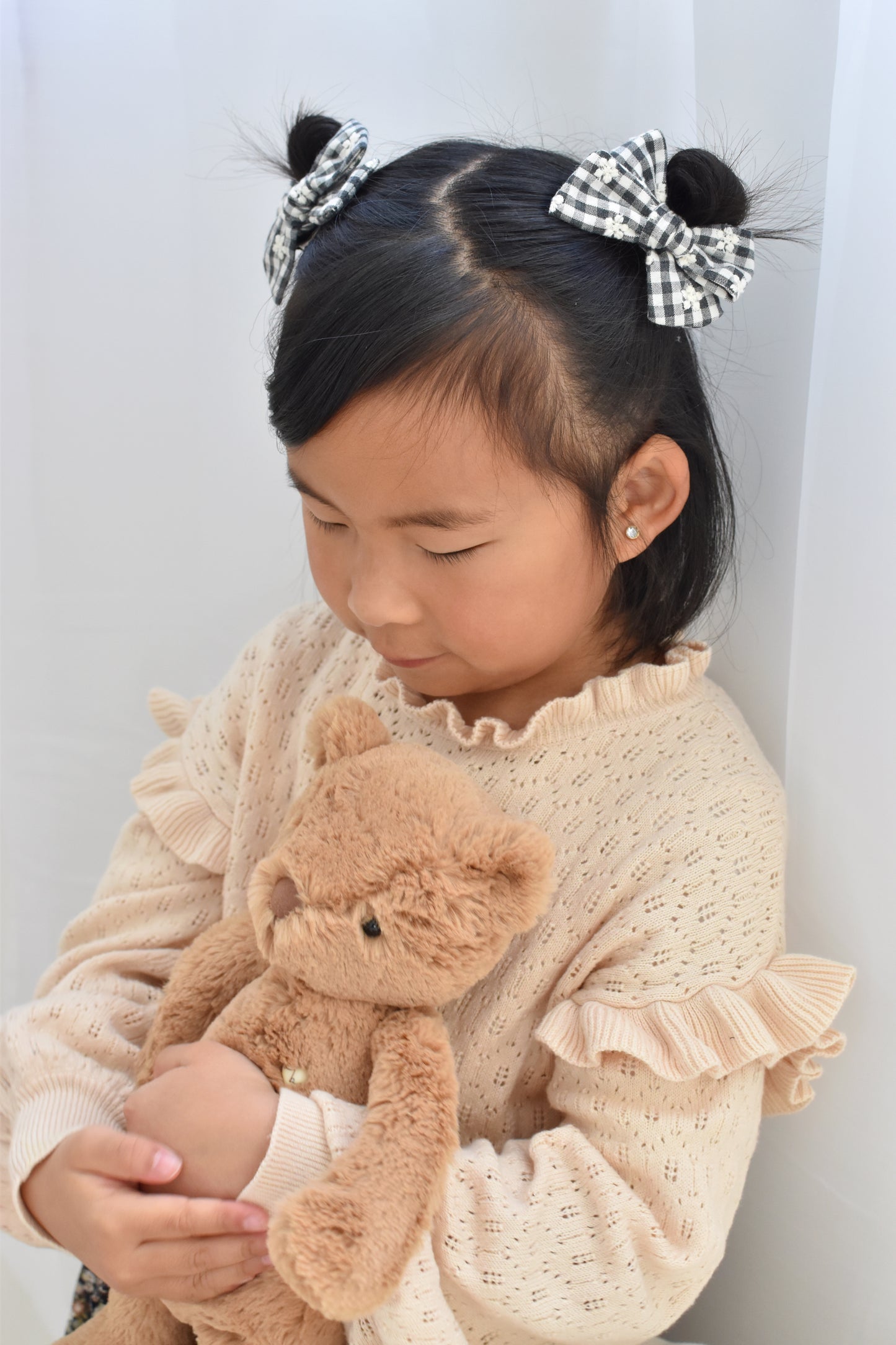 Classic Pigtail Bows | Monochrome Gingham Floral