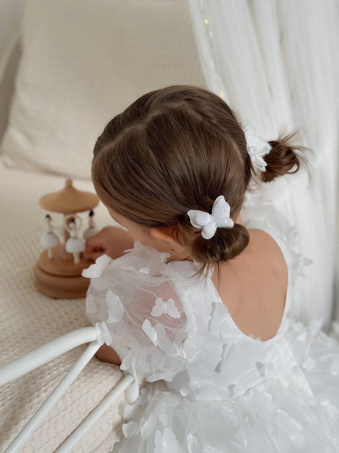 Pigtail Clips | White Glitter Butterflies