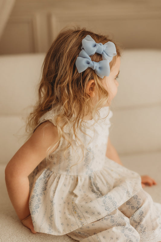 Pigtail Bows | Marshmallow Chiffon - Misty Blue