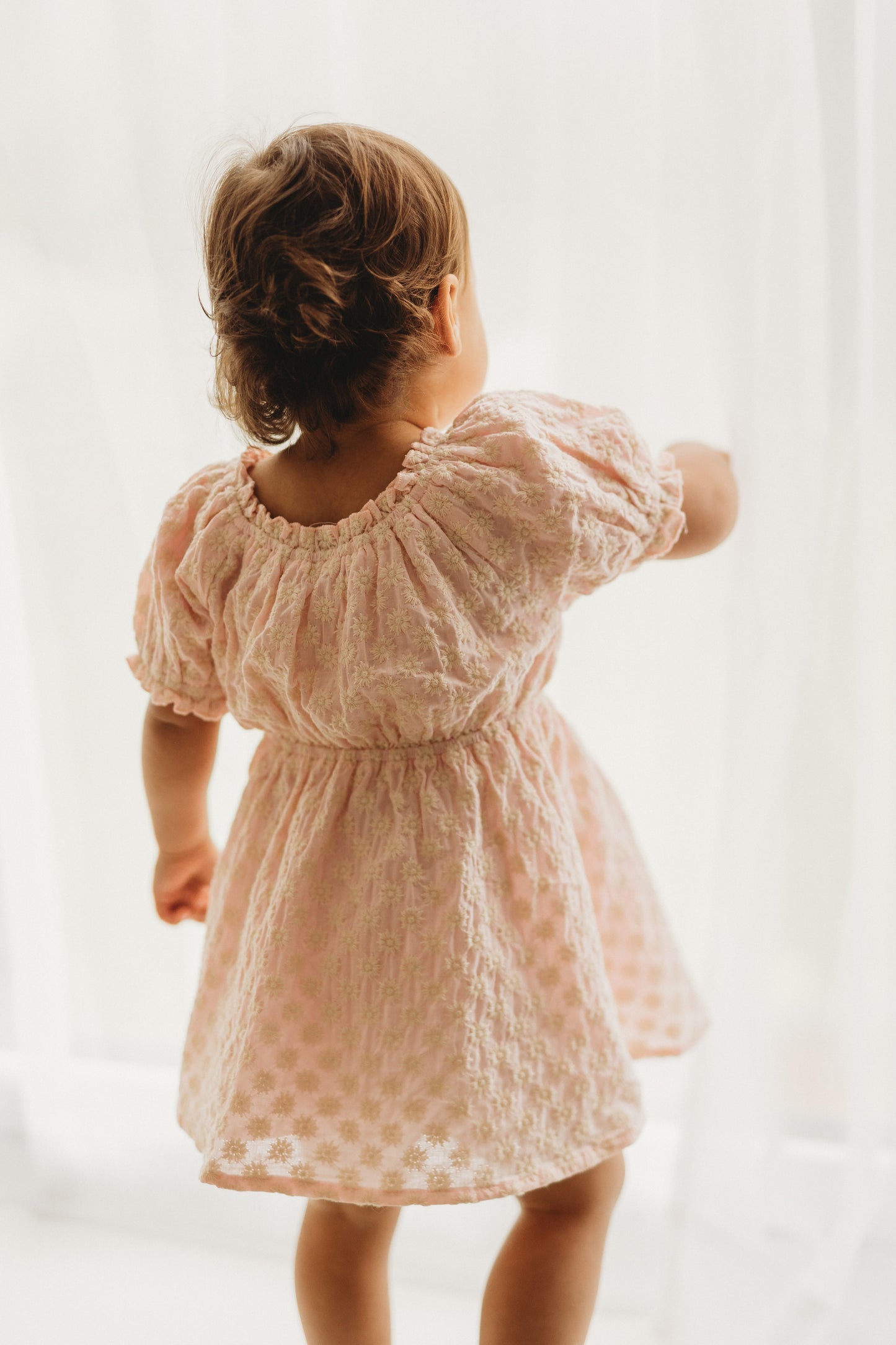 Puff Sleeve Dress | Sweet Pink Daisy Embroidery