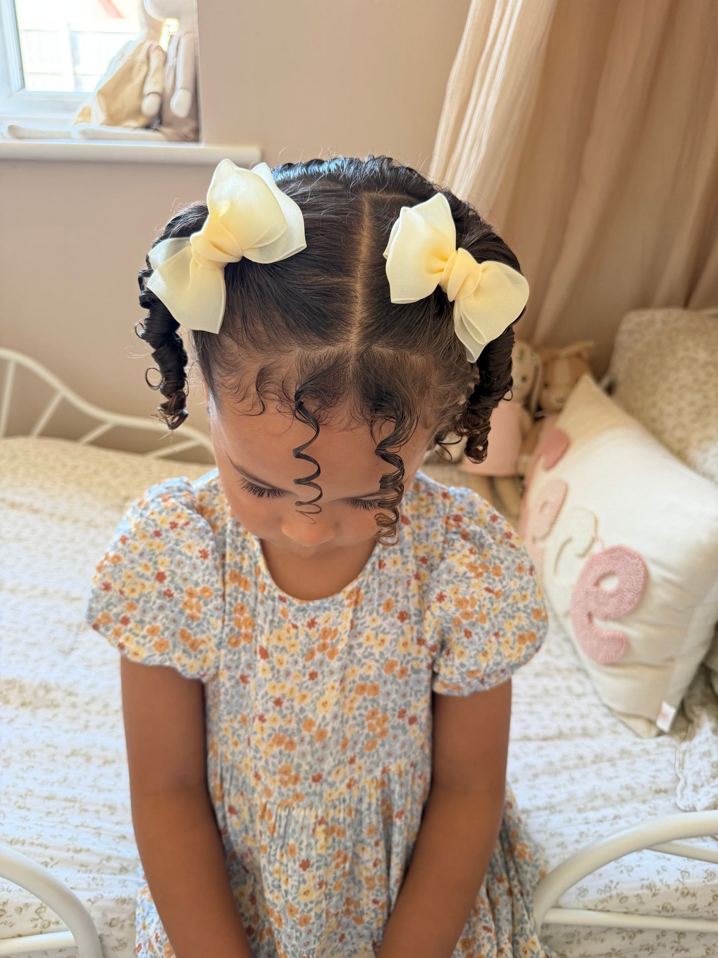 Marshmallow Chiffon Pigtail Bows | Butter Yellow