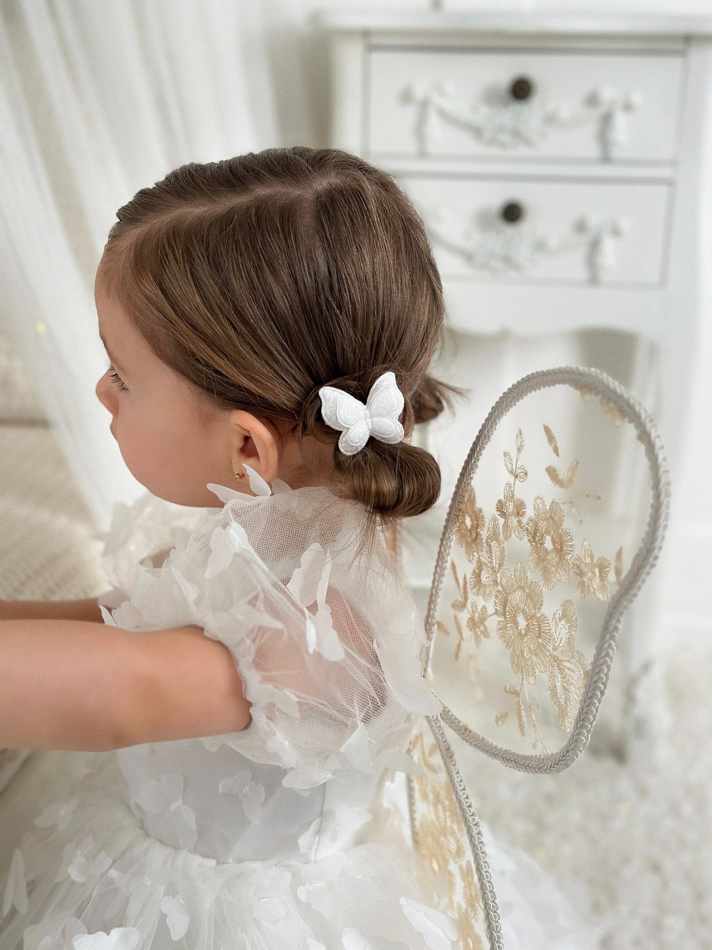 Pigtail Clips | White Glitter Butterflies