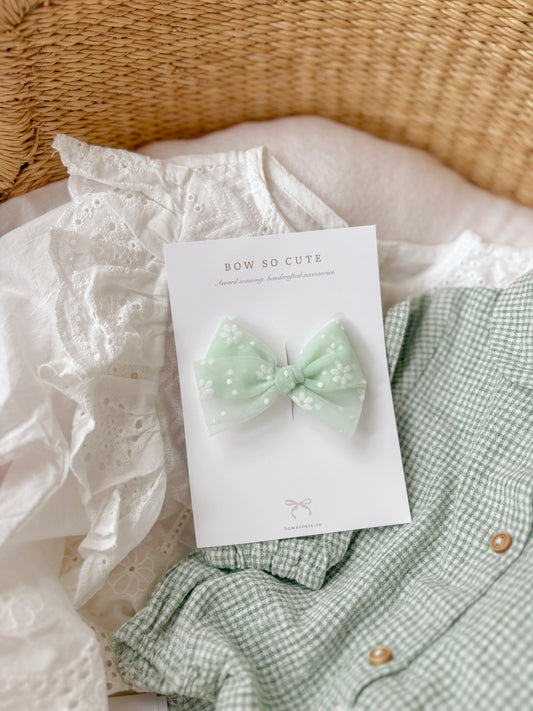Tulle Bow | Matcha Green Floral (Clip or Headband)