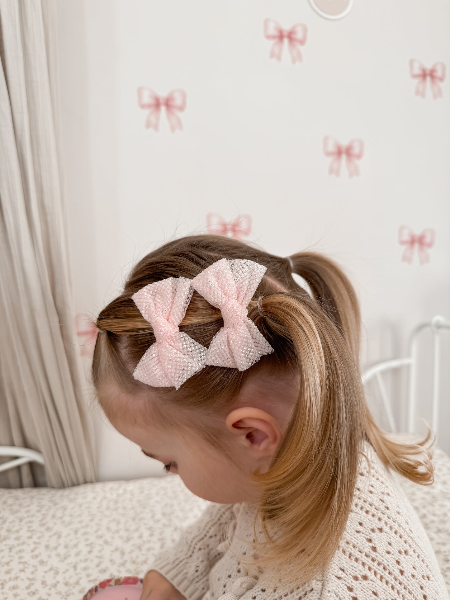 Pigtail Bows | Petal Pink Glitter