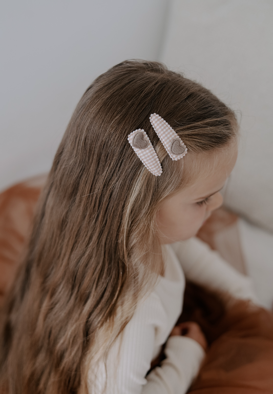 Snap Clip Set | Tan Gingham Hearts