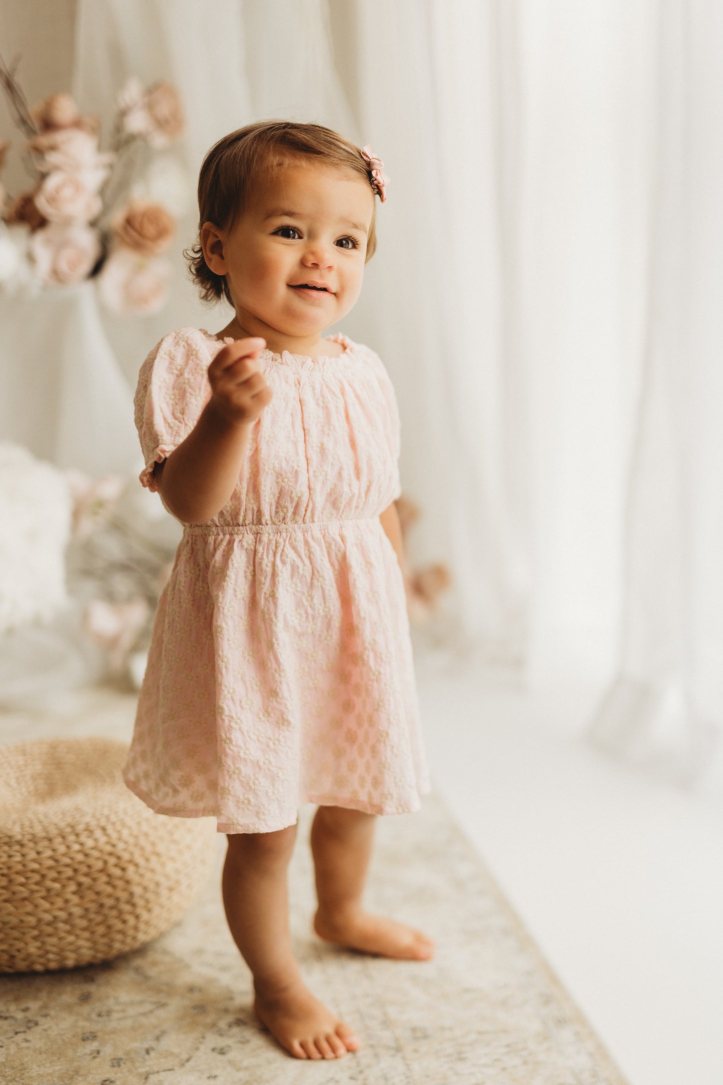 Puff Sleeve Dress | Sweet Pink Daisy Embroidery