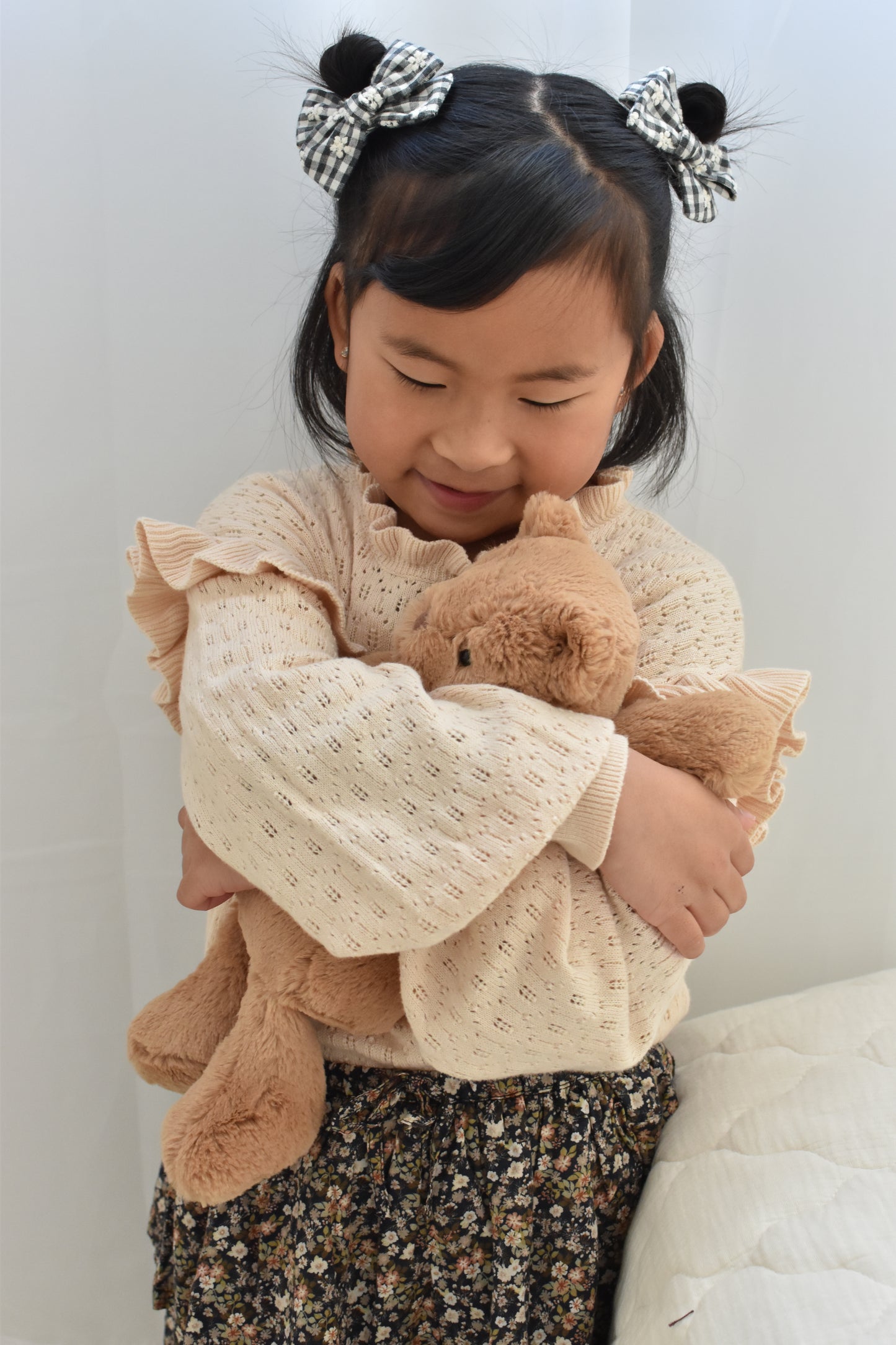 Classic Pigtail Bows | Monochrome Gingham Floral