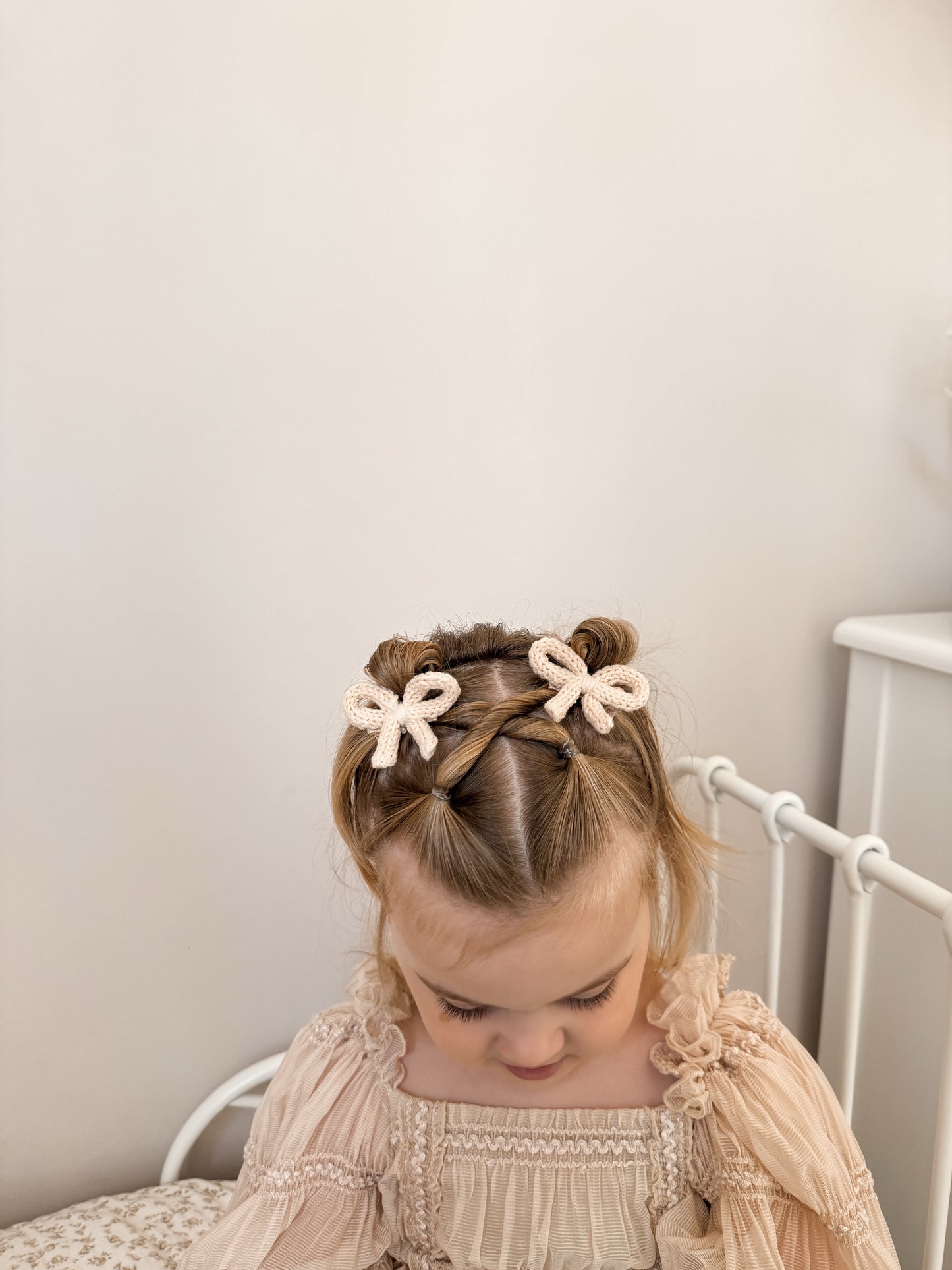 Dainty Knit Pigtail Bows | Almond Cream